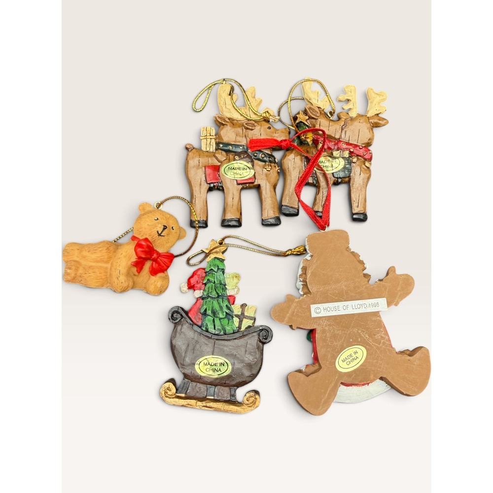 Assorted Vtg House of Lloyd 90's‎ Christmas Resin Ornament Set 5 Reindeer Sleigh - Picture 3 of 5